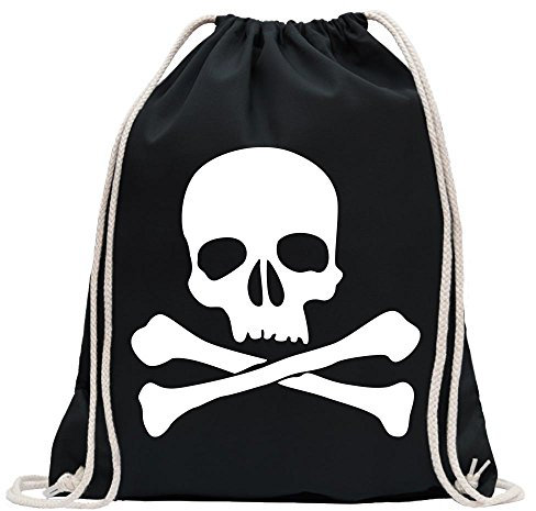 Kiwistar - Turnbeutel - schwarz - Totenkopf - Todessymbol - Piratenzeichen - Fun Rucksack Sport Beutel Gymsack Baumwolle mit Ziehgurt