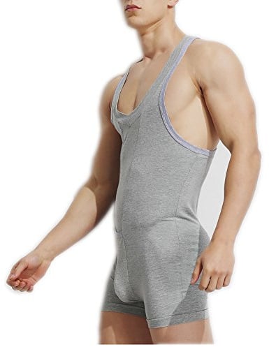 Livingly Light Men's Cotton Tank top One Piece Wrestling Singlet Bodysuit Leotard Underwear (Grey_cotton, M)