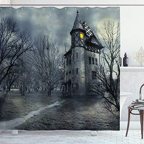 ABAKUHAUS Halloween Rideau de Douche, Maison hantée Gothique, Tissu Ensemble de Décor de Salle de Bain avec Crochets, 175 cm x 220 cm, Sarcelle