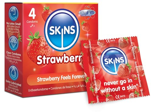 Skins Sexual Health Kondome mit Erdbeergeschmack, Multipack, kein Latexgeruch und zusätzliche Schmierung für maximalen Komfort und Vergnügen, dünnes Gefühl, sicher (farblos, 4 Stück, 1 Stück)
