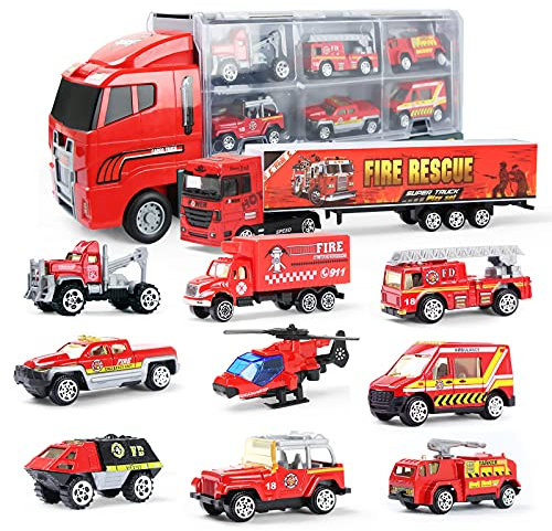Joyfia 10 in 1 Die-cast Feuerwehrauto LKW, Mini Einsatzfahrzeug Fahrzeuge LKW Autotransporter Spielzeug Set in Carrier Auto Spielzeug für 3+ Jahre alt Kinder Jungen Mädchen