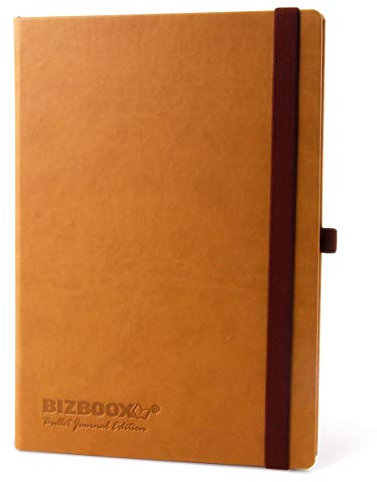 BIZBOOX® Bullet Journal Notizbuch Edition No.1 im PU Leder Look - das kreative Notizbuch im Format Large 190 x 270 mm, punktiert, Hardcover, Gummiband, Stiftschlaufe