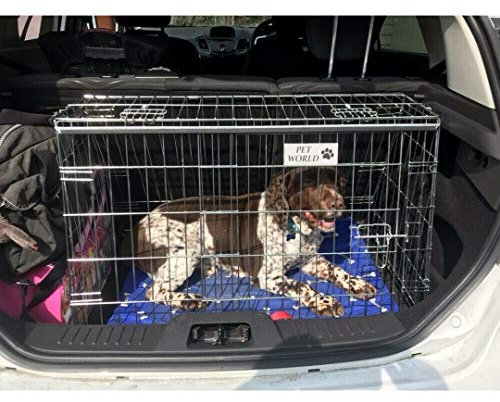 Pet World Small 32 Sloped Car Dog Crate – Compatible with Ford Fiesta – UK Designed, Steel Travel Cage – Emergency Escape Hatch – Folds Flat – Free Comfort Mat – Easy Assembly