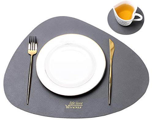 VIVENS Set da tavola 43 x 34 cm, set da tavolo e sottobicchieri in pelle PU, set da 2, set da tavolo antiscivolo resistente, colorato lavabile impermeabile (grigio)