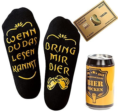 Lucadeau Bier Socken + Flaschenöffner Gold, Geschenk für Männer zum 40. 50. 60. Geburtstag, Vatertag Geschenk, Wenn Du das lesen kannst bring mir Bier (Socken + Öffner Gold)