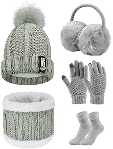 UMIPUBO Gorro Bufanda de Punto Guantes Invierno Set de Bufanda y Gorro Conjunto de Excursión Esquí de Invierno de Mujeres 5 Piezas, Gorro Bufanda Guantes de Punto Orejeros Medias