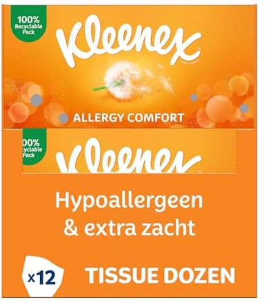 Kleenex Allergy Comfort Kosmetiktücher-Box, Taschentücher für Allergiker, 12 Boxen á 56 Papiertaschentücher, 3-lagig, hypoallergen, Großpackung