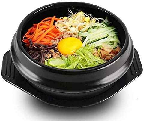 YFOZCOM Corea Bibimbap Olla De Piedra Cuenco De Barro De Gran Tamaño Olla De Piedra Bibimbap Cocina + Bandeja + Cuenco De Arroz Cazuela Resistente A Altas Temperaturas,Negro,2250ML