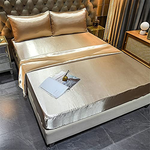 Chickw1 Satin Seide Spannbetttuch, Einfarbig Spannbetttuch Boxspringbett, 100% Polyester Weiche Spannbettlaken Matratzenschoner für Bettw Sche, Steghöhe bis 36-40cm (Golden,180x200x40cm)