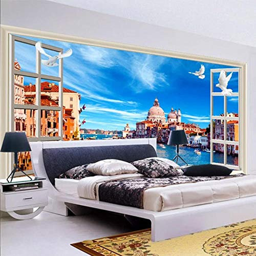 Fototapete 3D Stereo Fenster Mediterrane Landschaft Stadt Gebäude Fototapeten Wohnzimmer Wohnkultur Tapeten Für 3D-150 * 105cm
