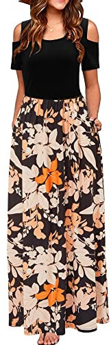 STYLEWORD Women's Summer Cold Shoulder Short Sleeve Maxi Dress Floral Print Elegant Long Dress with Pockets(Floral37,XXL)
