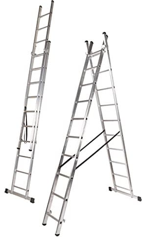 VITO 2-teilige Alu-Kombileiter 3,37 m, Anlegeleiter 5,78 m, Vielzweckleiter, Schiebeleiter 2x12 rutschfeste Sprossen belastbar bis 150 kg, Aluleiter VIEDQ35 Made in Europe, Leiter EN131 rostfrei
