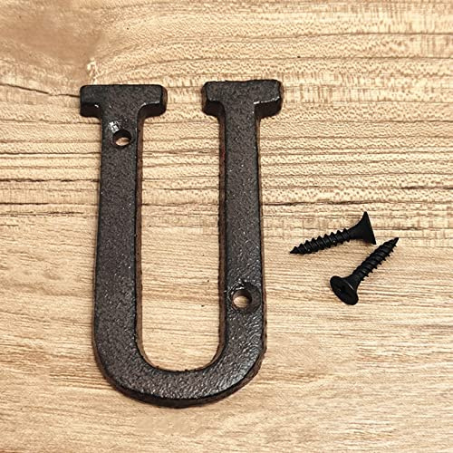 3D House Plaque Numbers 0-9 Letter A-Z Black Cast Iron 8cm Metal Digital Door Plate Sign with Screws Alphabet Home Outdoor Anti-Rust Exterior Signage Doorplate Hotel Apartment Street Mailbox (U)