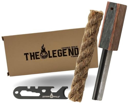 Outdoor Ninja Feuerstahl - The Legend Fusion - Next Level Magnesium Bushcraft Feuerstahl, Feuerstarter für Wandern, Bushkraft, Camping und Outdoor Hobby's inkl. Multifunktionskratzer und Anzündseil