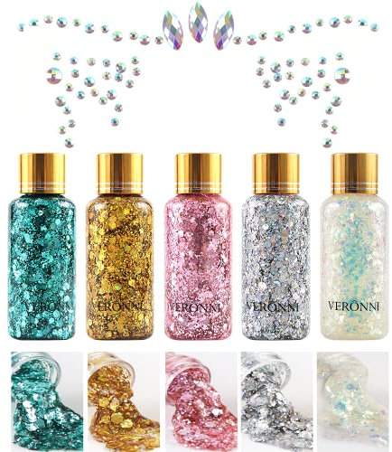 Johiux Paillettes Visage 5 Flacons de Paillettes en Gel Sirène et 1 Feuille de Pierres Précieuses Pour le Visage Pour les Festivals, le Maquillage à Paillettes pour Halloween, le Carnaval Festival.