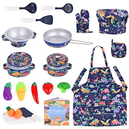 FUQUN 20 Pcs Kitchen Pretend Toy, Food Cooking Utensil Chef Set Role Play Cutting Fruits Food Toy & Cookware Pot& Pan Set Educational Gift Toy for Kid Girl Boy Toddler Childrens Kitchen Accessories