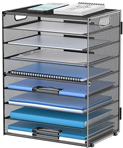 9-Tier Paper Organizer for Desk, Metal Mesh Letter Tray with Handles, Black