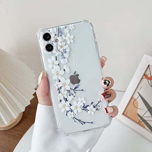 DEFBSC Compatible with iPhone 12 Case, Clear Floral Flower Pattern Print Design for Girls Women Flexible Shockproof Soft TPU Bumper Protective Flower Phone Case - White Pear Blossom
