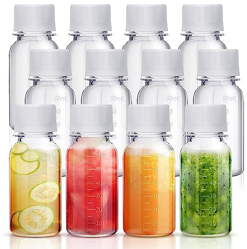 Tanlade 48 Pcs Small Ginger Shot Bottles Plastic Bottles with Caps Plastic Containers with Lids Reusable Clear Shot Jars with Scale for Liquids Smoothies Juice Drink Milk Beer Coffee (2 oz)