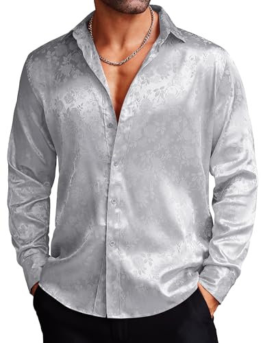 COOFANDY Mens Shirts Long Sleeve Floral Rose Printed Dress Shirts Prom Wedding Party Button Down Paisley Shirts Gray XXL