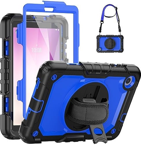 SEYMCY Case for Lenovo Tab M8 4th Gen 8 inch 2024/2023, Full-body Shockproof with Screen Protector, 360° Rotating Hand Strap & Stand, Carrying Strap for Lenovo M8 4th Tablet, Blue