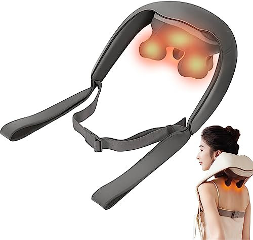 JSvsza Nackenmassagegerät Schulter Massagegerät mit Trageriemen und Wärmefunktion für Nacken Rücken Shiatsu Massage, mit Silikon-Massagekopf, 3 Einstellbaren Geschwindigkeiten, Gray