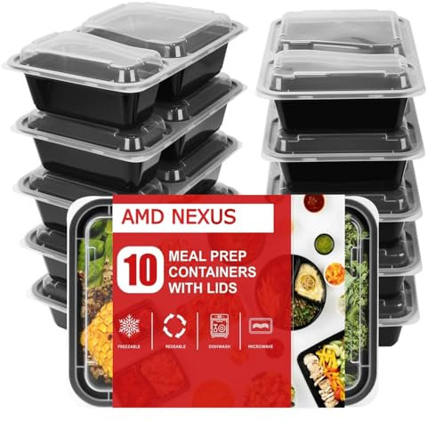 AMD Nexus (10 Pack, 32oz) 2 Compartment Plastic Meal Prep Containers - Reusable BPA Free Food Containers with Airtight Lids - Microwavable, Freezer and Dishwasher Safe