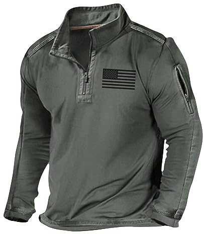 Langarmshirt Herren Sport Herbst Winter Usa Flagge Gedruckt Stehkragen Langarm T-Shirt Mit Reißverschluss Casual Warm Outdoor Sweatshirt Für Männer Streetwear Normaler Passform Long Sleeve Sportshirt