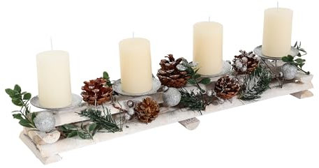 Adventsgesteck HWC-M12 mit Kerzenhaltern, Adventskranz Weihnachtsdeko Holz Silber weiß 18x49x13cm - mit Kerzen