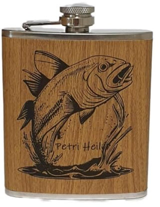 Edelstahl Flachmann 170ml in Holzoptik – Ideal für Unterwegs, Robust & Langlebig, Trinkflasche, Geschenkidee (Petri Heil)