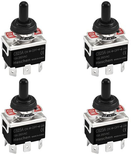 Heschen Interruptor de palanca de metal, C523A, DPDT, mantenido, encendido/apagado/encendido 3 posiciones, 15 A 250 VAC, terminal de 6 pestañas, CE, con tapa impermeable (4)