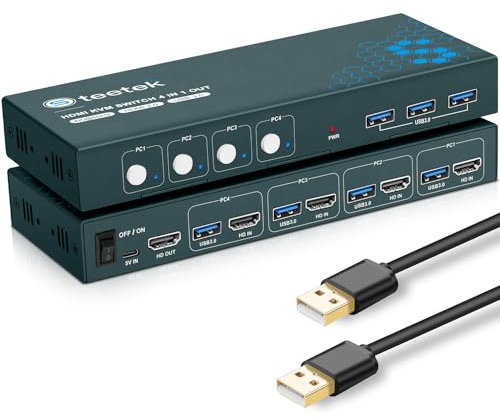 4 Port HDMI KVM Switch 4 PC 1 Monitor, USB 3.0 KVM Switch 4K@60Hz für 4 Computer teilen sich 1 Tastatur, Satz Maus, U-Disk und Drucker, mit 1 HDMI- und 3 USB-Kabeln, HDCP 2.2, Plug and Play