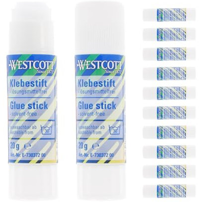 Westcott glue stick 20g (12 pieces) | Craft glue with 2cm transparent adhesive strip | Strong and durable glue | 100% solvent-free | Washable at 30° | E-730372 00