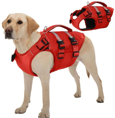 Kuoser Schwimmweste Hund Große, Rettungswesten für Hunde Schwimmweste mit Griff und Reflektierend, Verstellbar Hundeschwimmweste, Schwimmweste für Große Hunde mit Verbesserter Auftrieb, Rot XL