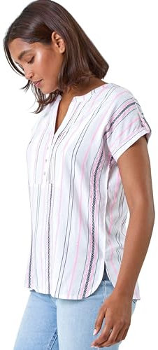 Roman Originals V-Neck Top for Women UK - Ladies Buttoned Short Sleeve Blouse Shirt T-Shirt Everyday Holiday Summer Casual Smart Office Work Casualwear Leisure Party - Pink White - Size 14