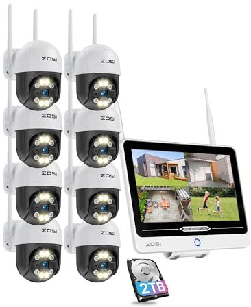 ZOSI 3MP WLAN Überwachungskamera Set Aussen, 2K 12.5 NVR Monitor mit 2TB HDD, 8X Pan/Tilt Überwachungskamera Outdoor mit Spotlight, 2-Wege-Audio