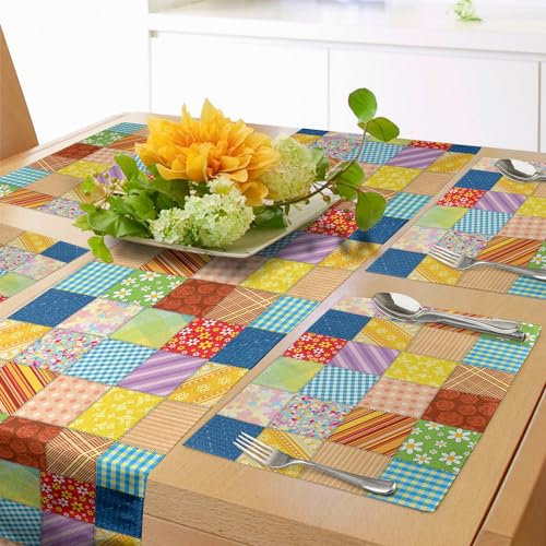 Lunarable Colorful Table Runner & Placemats, Quilt Style Floral Plaid Geometric Design Old Fashioned Patchwork Pattern, Set for Dining Table Decor, Placemat 4 pcs + Runner 16x72, Lilac Mustard Blue