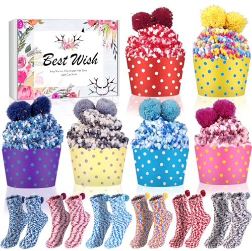 6 Paar Geschenk für Frauen Kuschelsocken Damen Lustige Damen Socken Geschenkideen Bequeme Winter Warme Cupcake Flauschige Bunte Haussocken Geschen für Mädchen Freundin Schwester Mama Weihnachten39-42