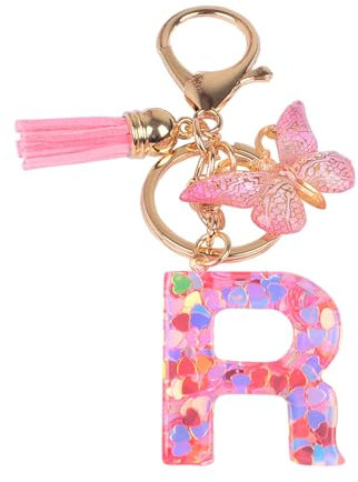 YPYMOD Lnitialen Schlüsselanhänger Quaste Schmetterling Pailletten Liebe Brief Schlüsselanhänger,Rosa(R)