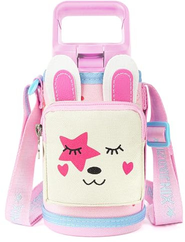 Linkidea Rabbit Cartoon Water Bottle Carrier Bag with Pocket, Compatible with YETI Rambler Jr. 12oz, Simple Modern 14oz, Hydro Flask Kids Bottles, Medium, Pink