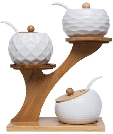 GOOPEEG Gewürzbehälter Keramik-Gewürzbox-Set, Zuckerdose, Vorratsdose Mit Löffeln Und Bambusdeckel, Regal Für Gewürze, Pfeffer Küche Zuhause Restaurant Café