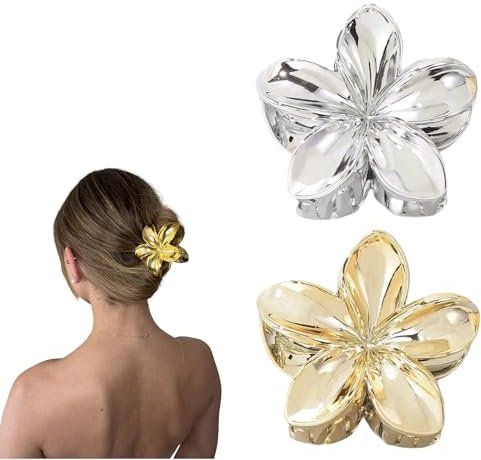 2er Set gold & silber Blumen-Haarklammern 8 cm große rutschfeste Haarspangen | Flower Hair Claw Clips, Metallische luxuriöse Haaraccessoires für Damen & Mädchen