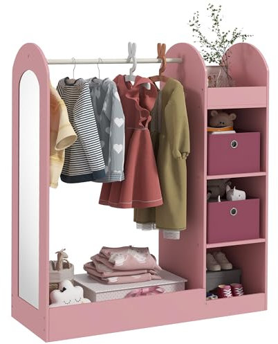 AIYAPLAY Kids Clothes Rail, Children Dress Up Storage with Storage Shelf, Boxes, Mirror, Kids Wardrobe for Bedroom, Nursery, Pink