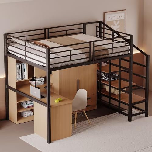 YESGIGA Cama alta de 140 x 200 cm, estructura de metal estable con amplio espacio de almacenamiento debajo de la cama y escalera, ideal para niños y adultos, color negro