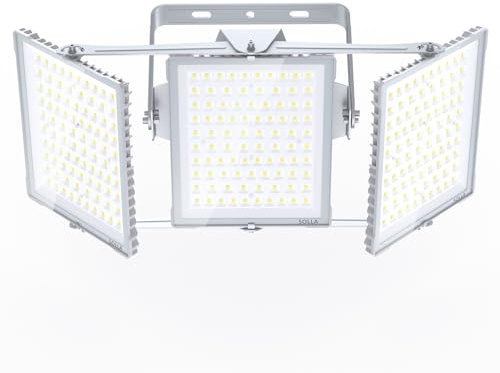 SOLLA Projecteur LED extérieur 750W 2025 Plus Nouvelle Version Mis à Jour, 75000 LM, Blanc Lumière du Jour 6000K, Étanche IP66, 3 Têtes Réglables, Éclairage de Sécurité Extérieur pour Cours, Gris