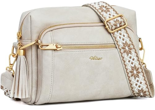HILAEX Umhängetasche Damen mit 4 Fächern, Handtasche Damen Mittelgroß mit Anti Diebstahl Leder Crossbody Bag mit Verstellbar Abnehmbar Breiter Schultergurt Beige