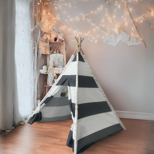 Benebomo Teepee Kinder Spielzelt, Tipi-Zelt, Kinderzelt für drinnen,Grau und weiß Gestreift,140 cm Höhe, mit Fenster, für Kinderzimmer