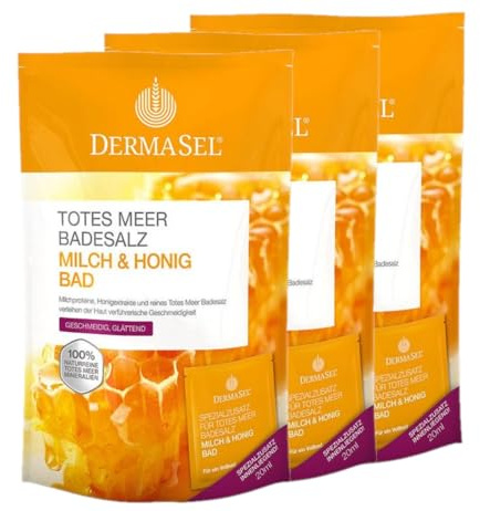 DermaSel® Totes Meer Badesalz | Milch & Honig | 400 g + 3x 20 ml | Cremebad mit Milchproteinen & Honigextrakt, pflegende Mineralien, für feuchtigkeitsarme Haut, mehr Elastizität, sanft