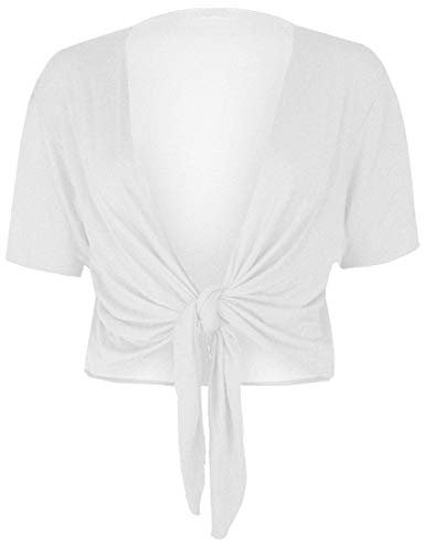 GOSTYLES® Womens Plain Tie-Up Front Cropped Bolero Shrug, Ladies Short Sleeve Lightweight Summer Cover-Up Crop Cardigan Blouse (White, S-M)