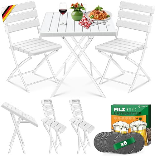 KESSER® Bistroset 3-teilig Balkontisch mit 2 Stühlen | Balkonmöbel Wetterfest & UV-beständig Balkonset klappbare Sitzgruppe | Beschichtetes Stahl & Holz-Optik | Gartenmöbelset mit 6 Filz-Untersetzer